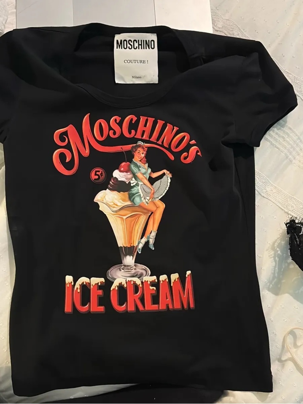 Moschino Black Short-Sleeve 'Ice Cream' Graphic Tee with Red Lettering